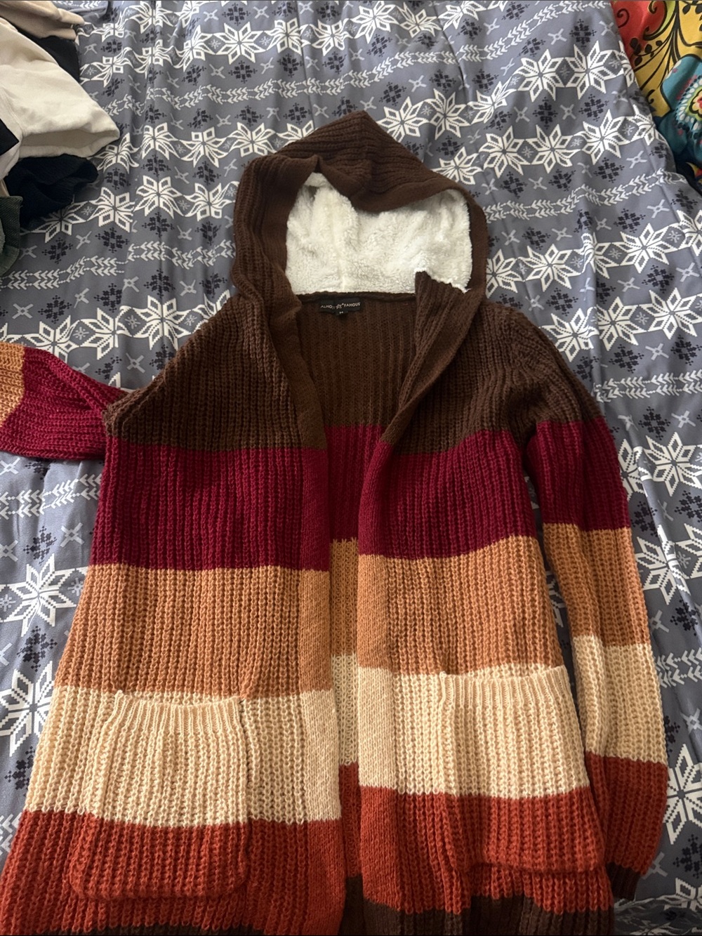 Cozy Striped Hooded Cardigan Sweater - Brown, Wine & Cream